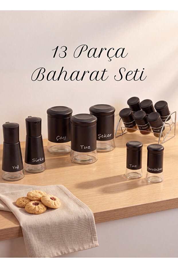 13-Piece Black Spice Rack Set, 6-Piece Spice Set with Stands, 3 Large Jars, Oil Container, Vinegar Container, Salt Shaker, Pepper Shaker