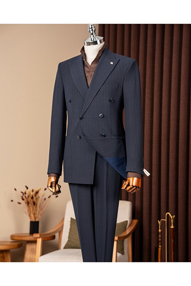 Slim Fit Men's Double-Breasted Bag Pocket Jacket Pants Suit Navy Blue T20109-02
