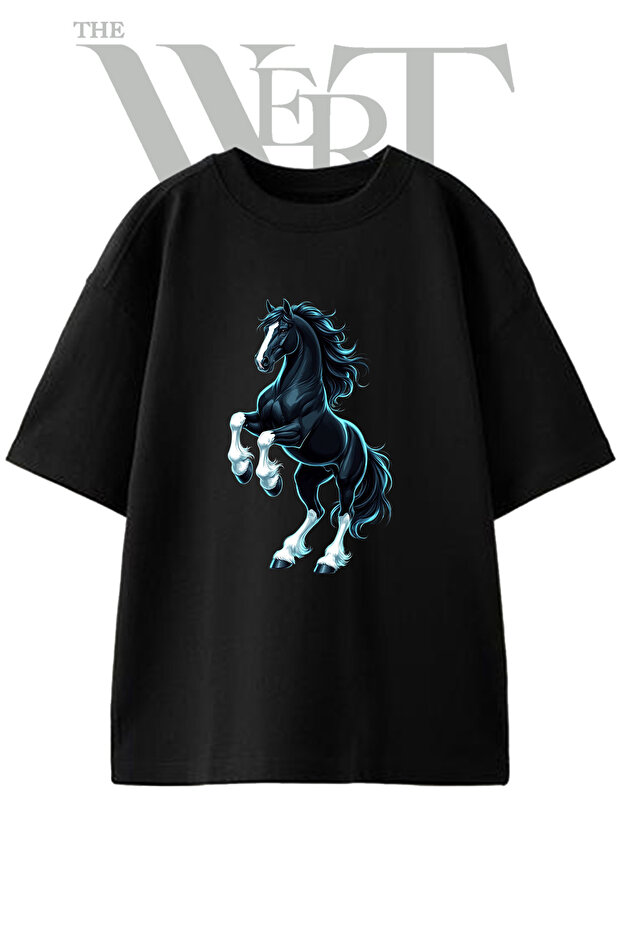 Black Rearing Horse Design Printed Unisex Black Oversize T-Shirt