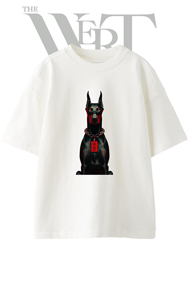 Red Eyed Doberman Design Printed Unisex White Oversize T-Shirt