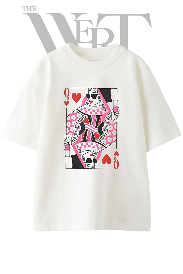 Queen Hearts Sunglasses Design Printed Unisex White Oversize T-Shirt