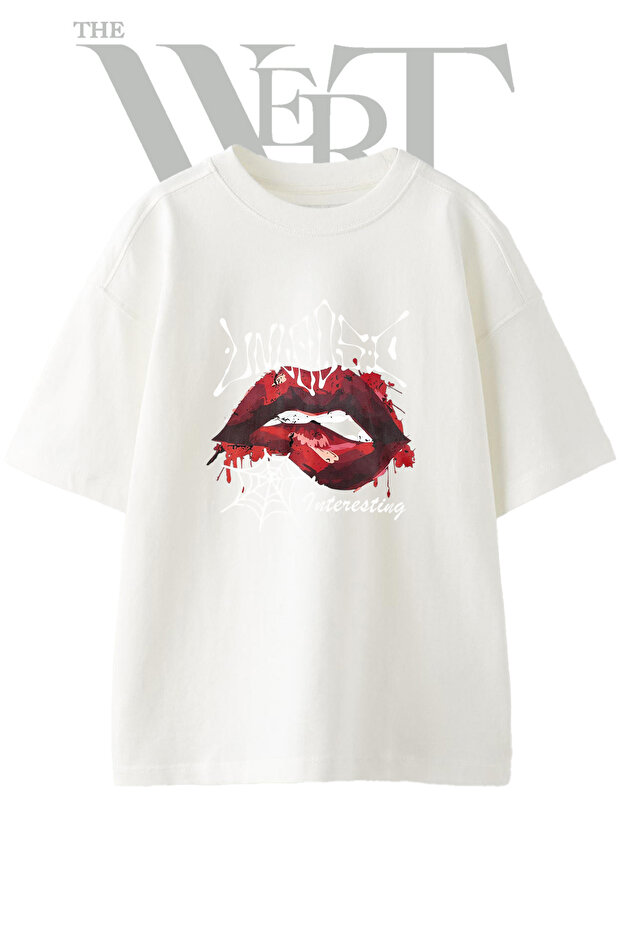 Vampire Lips Design Printed Unisex White Oversize T-Shirt