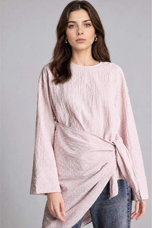 Cotton Regular Fit Wrinkled Textured Fabric Long Sleeve Tunic I4076Ax26Au