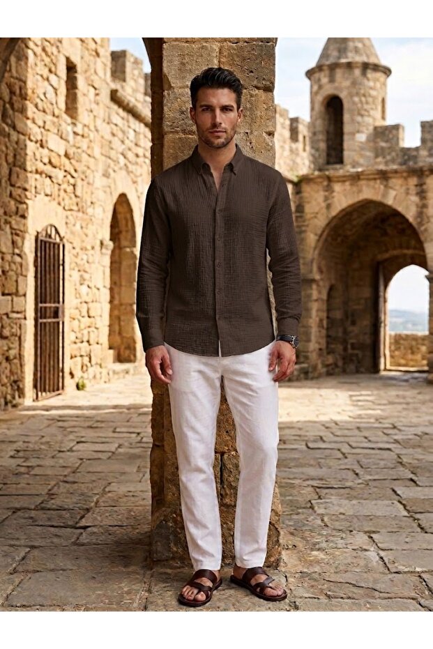 Men's Long Sleeve Textured Summer Shirt 100% Cotton Regular Fit Collared Button-Down Basic Shirt