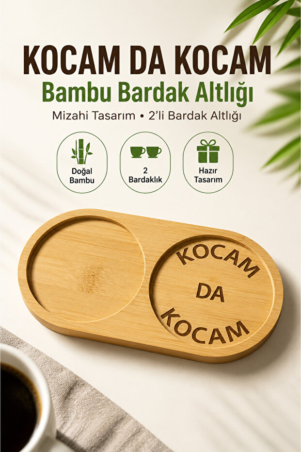 Kocam Da Kocam قاعدة أكواب مزدوجة من الخيزران، صينية تقديم القهوة - هدية للزوجة