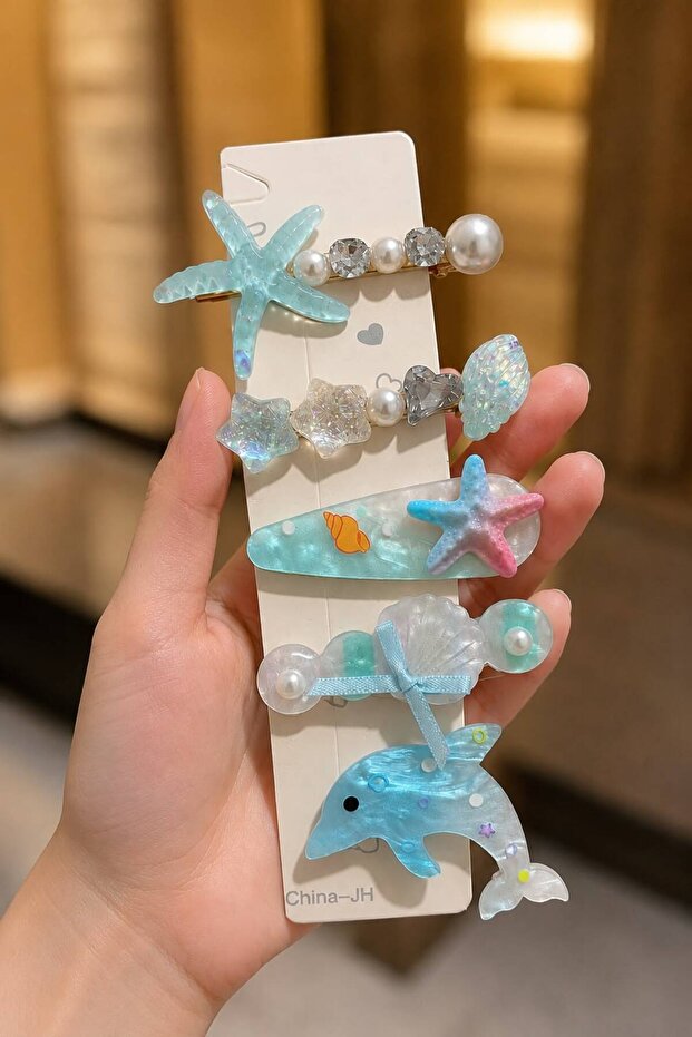 5 Pieces Mixed Ocean Themed Hair Clip Set