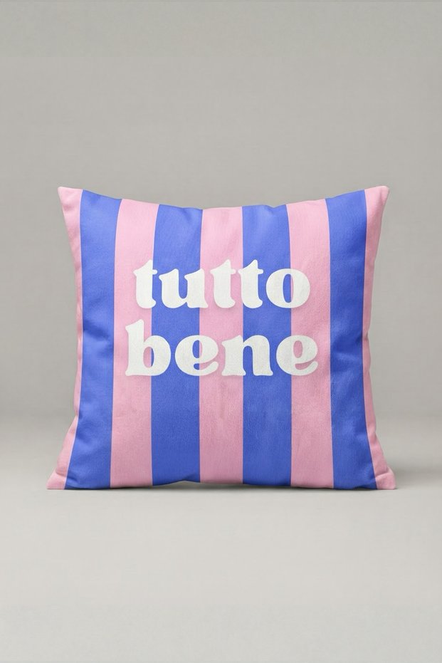 Pink and Blue Striped Throw Pillow Cover with "Tutto Bene" Inscription 197 – Tutto Bene Stripe Design 40 X 40 Cm.