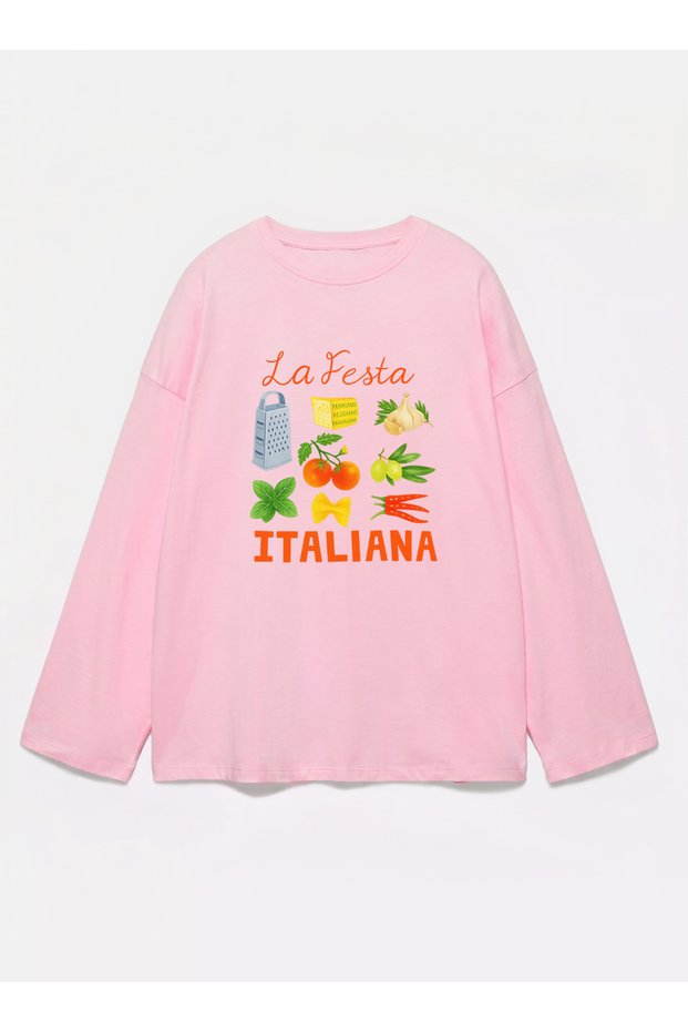 100% Cotton Oversize Fit La Festa Italiana Printed - Crew Neck Long Sleeve T-Shirt
