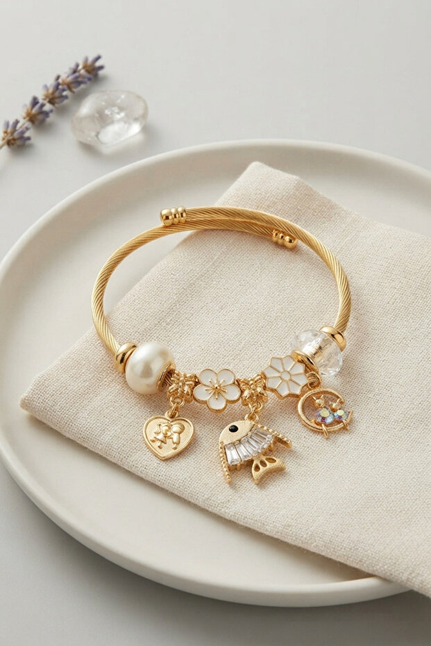 White Color Gold Bracelet with Fish Charm -