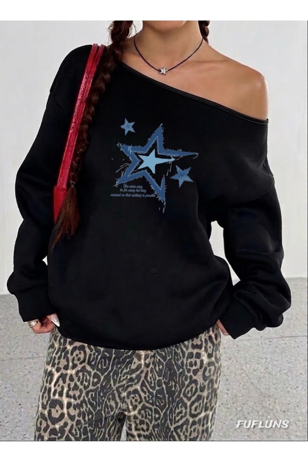 Star Printed Oversized Women's Boat Neck Sweatshirt