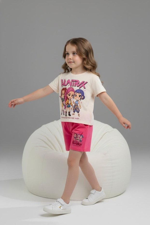 Printed Girls' T-Shirt and Shorts Set - 1026