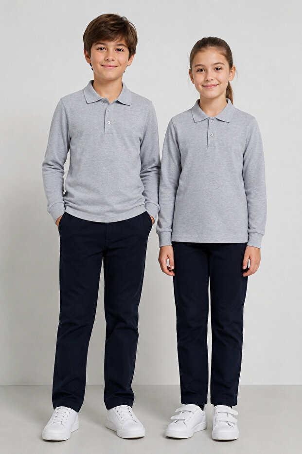 Unisex Kids' Gray Melange Long Sleeve Polo Collar Plain Basic T-Shirt - Comfortable Cotton Fabric Suitable for Daily and School Use