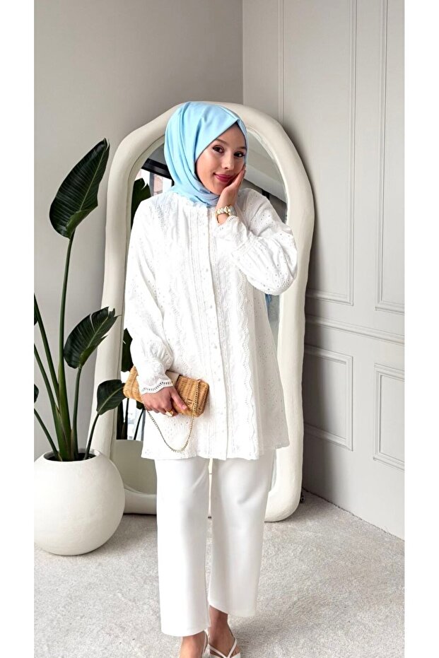 Women's Premium Scallop Lace White Hijab Shirt
