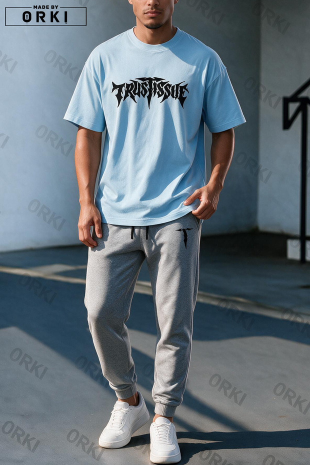 Trust Problem Printed Oversized Unisex T-Shirt Gray Jogger Sweatpants Set