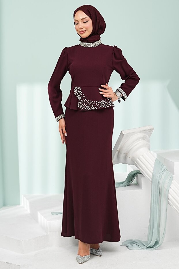 Burgundy Stone Detailed Peplum Design Evening Dress
