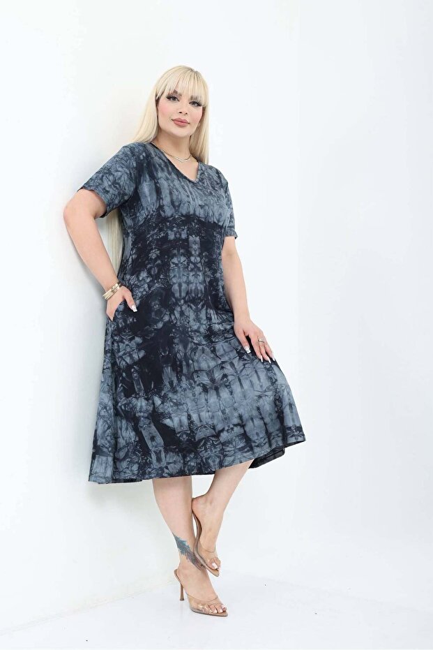 Women's Plus Size Knitted Viscose Smoked Patterned Short Sleeve Stylish Combed Cotton Dress