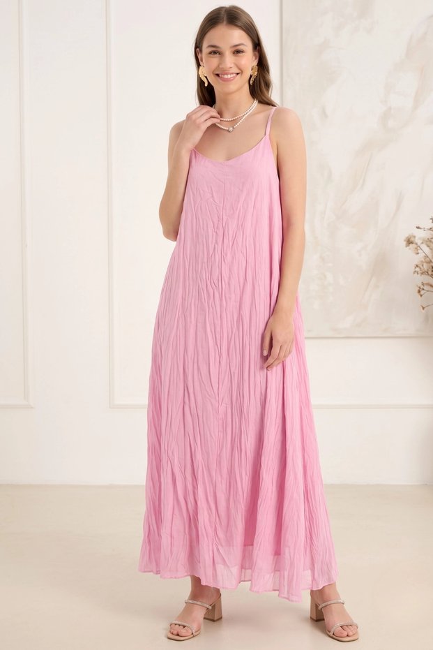 Women's Pink Crinkle Linen Textured Rope Strap Bohemian Pinterest Long Dress