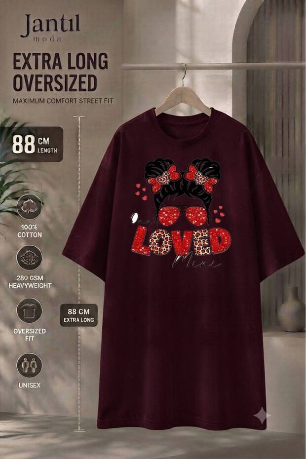 Crew Neck Loved Written Leopard Patterned Girl Figure Extra Long Oversize Tunic T-Shirt Short Sleeve