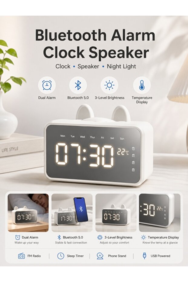Smart Bluetooth Alarm Clock Speaker with LED Display, Dual Alarm, Temperature Display, Night Light, Phone Stand and 3-Level Brightness
