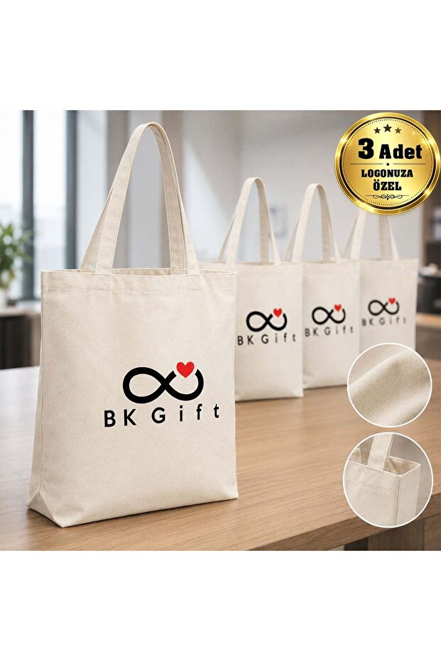 3 Pieces of Luna Off-White Gusseted Linen Cloth Bags with Your Logo, 37 X 41 cm Printed Set
