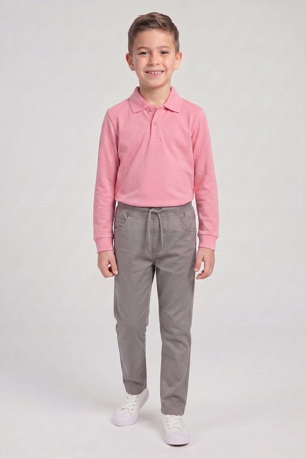 Boys' Pink Long Sleeve Polo Collar T-Shirt Gray Ribbed Waist Canvas School Pants Bottom - Top Set School Outfit