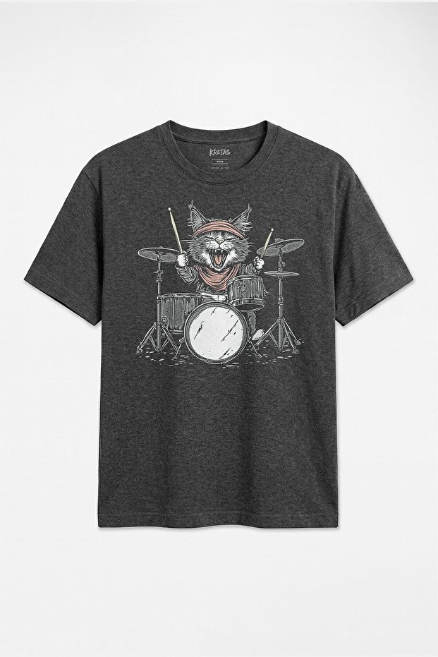 Drumming Cat Drummer Drummer Cat Rock Music Unisex Regular Fit Anthracite Melange T-Shirt