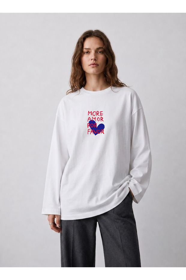 White Oversize Wide Cut Long Sleeve 100% Cotton Summer Printed T-Shirt