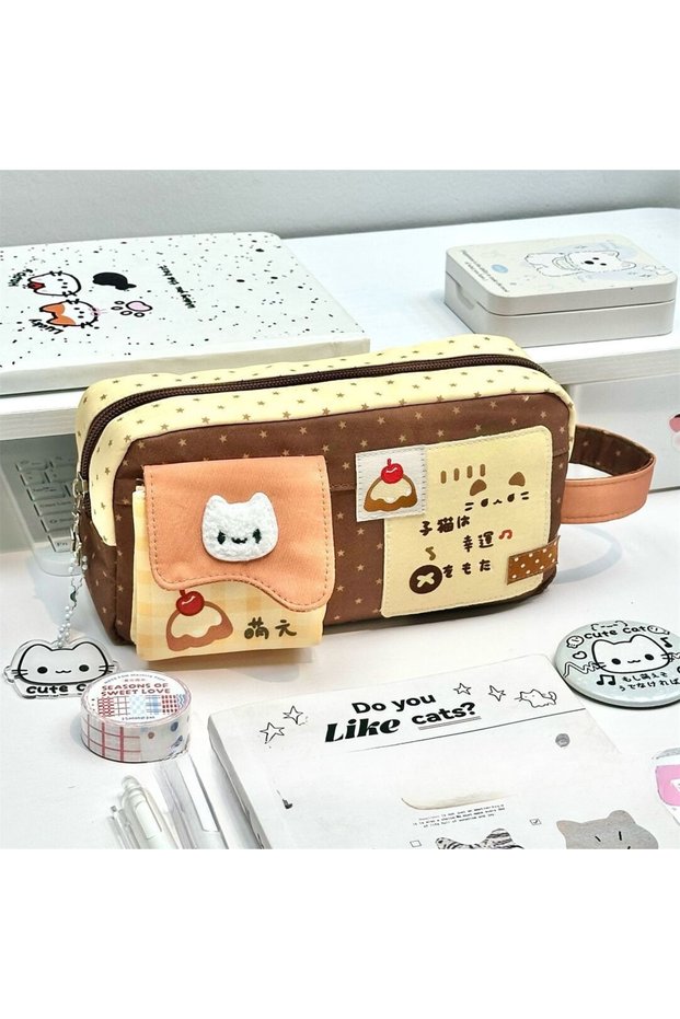Brown Cute Cat Pencil Case Pen Pouch Detachable Kitten Charm Pink Brown Desk Organizer Bag Japanese