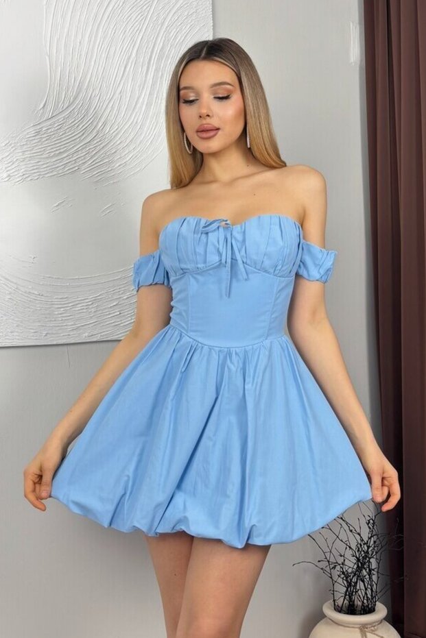 Women's Strapless Balloon Hem Mini Dress – Off-Shoulder Bow Detail Short Party Homecoming Guest Dress