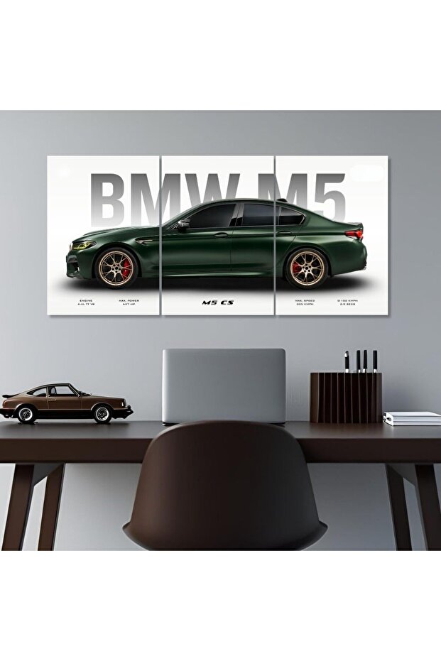 BMW M5 CS 3 Panel Canvas Wall Art | 30x40 Inches Gallery Wrapped | British Racing Green Supercar | Office Garage Decor | Split Wall Art