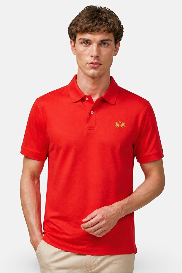Men Regular Fit Embroidered Logo Long Sleeve Polo Shirt, Red