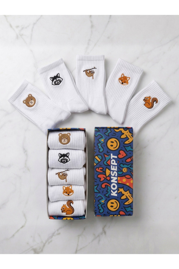 Forest Animals Embroidered 5-Piece Boxed Tennis Socks Set