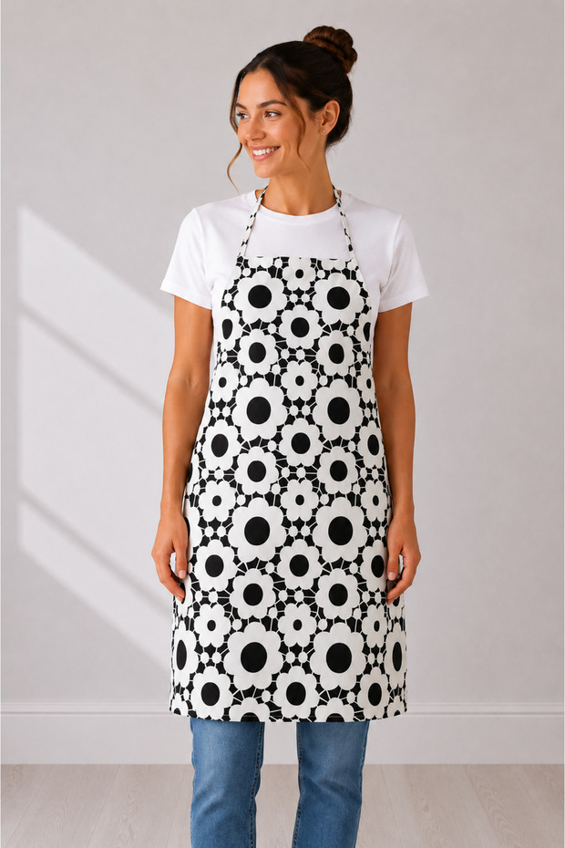 10-Piece Chef Kitchen Apron Black and White Floral with Waist Tie