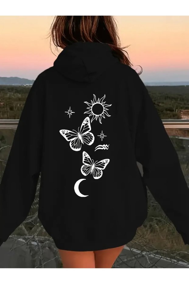 Women's Black Sun Moon Printed 3 Thread Hooded Hoodie Sweatshirt