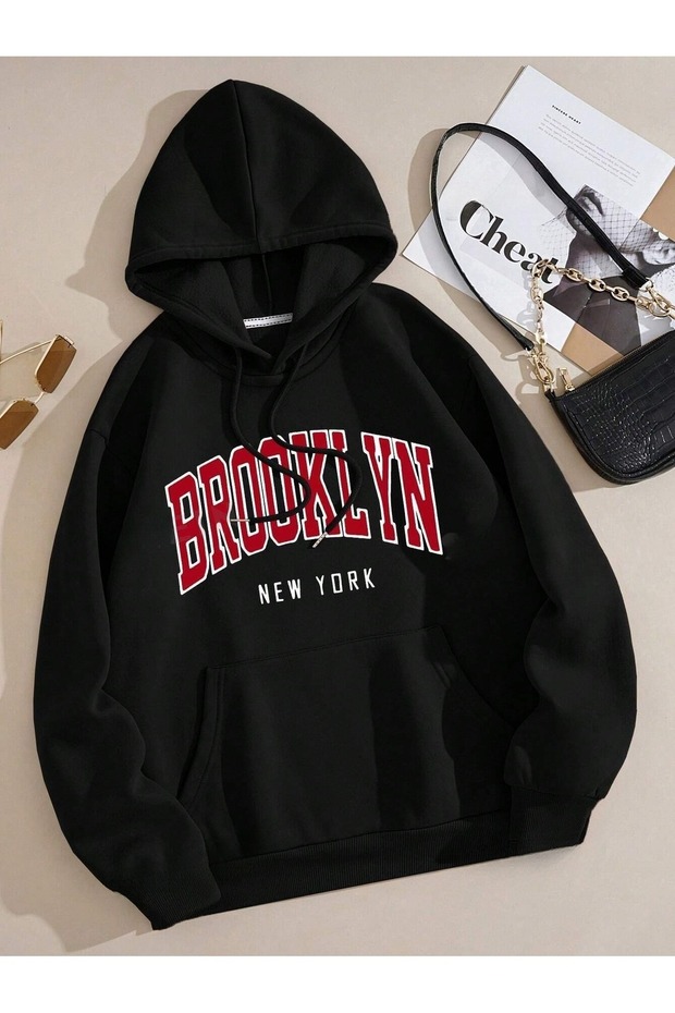 Unisex Black Brooklyn New York Printed 3 Thread Hooded Hoodie Sweatshirt
