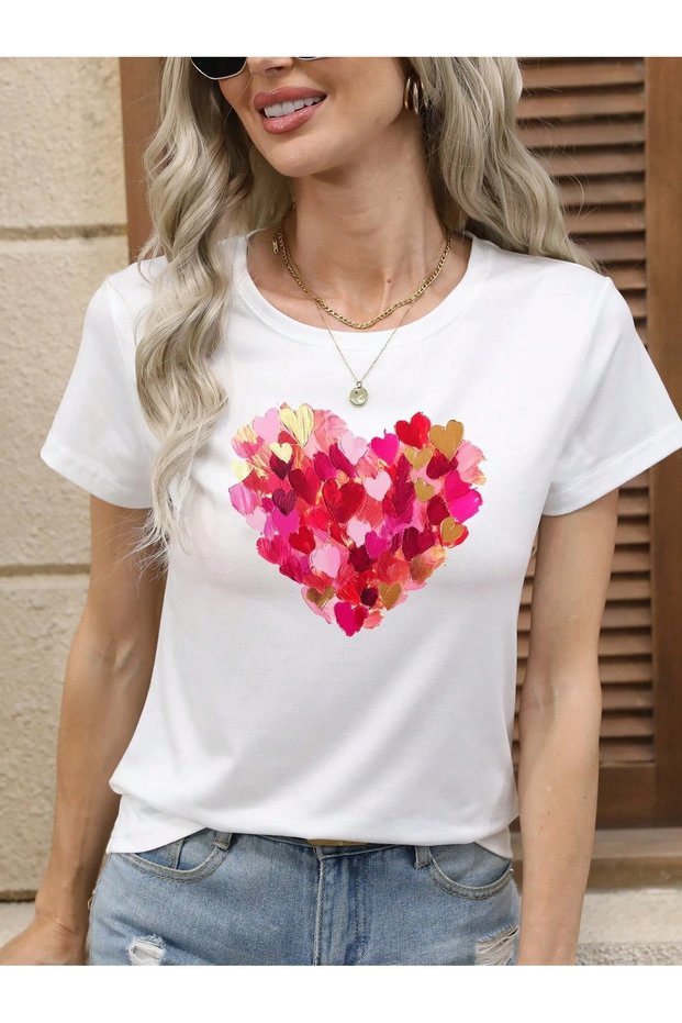 Women's White Painting Heart Printed Oversize T-Shirt