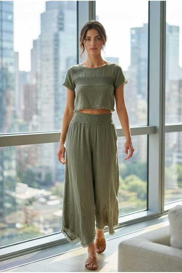 Women's Feather Embroidered Linen Trousers - Khaki Color Shalwar-100% Cotton Fabric.Breathable Organic Product-Loose Fit