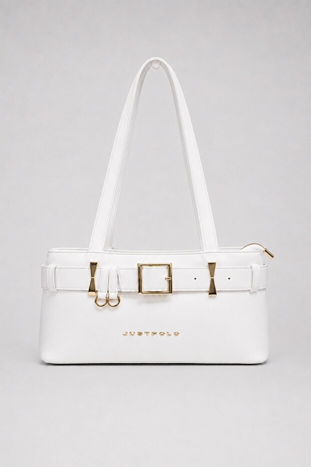 Women's Verona Belt Buckle Leather Look Multi-Compartment White Shoulder Bag
