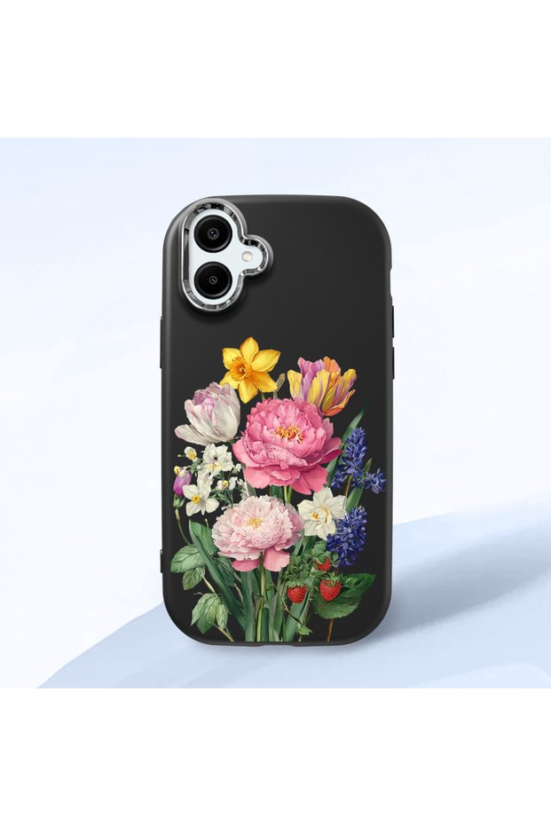 Samsung Galaxy A06 Compatible Case Camera Protector Black Silicone Couple Phone Case with Floral Pattern