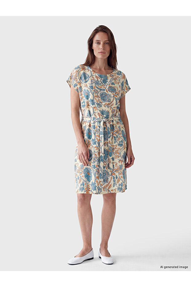 Original Linen Blend Patterned Belted Dress