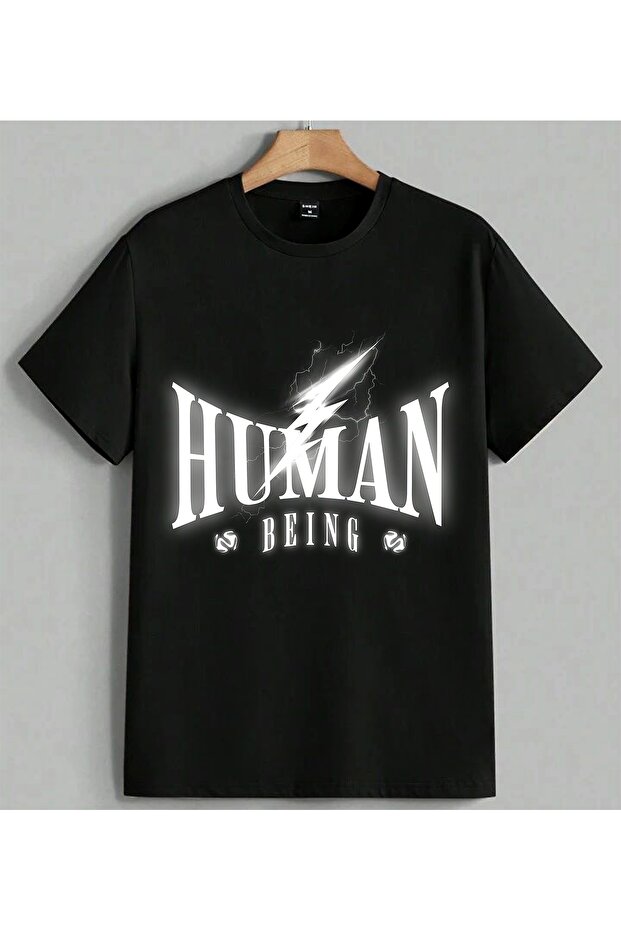 White Feather Simple Design Printed Unisex Oversize T-Shirt Black