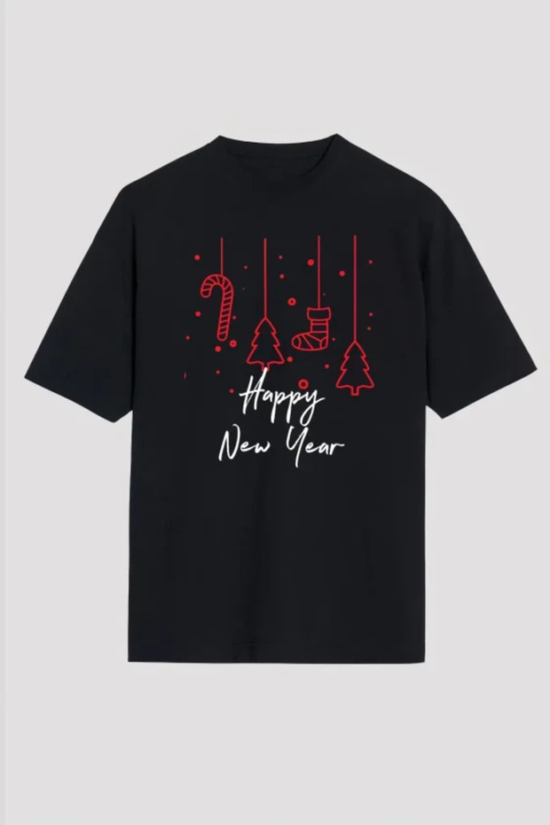 New Year's Happy New Year Printed Short Sleeve Oversize Crew Neck T-Shirt - Black