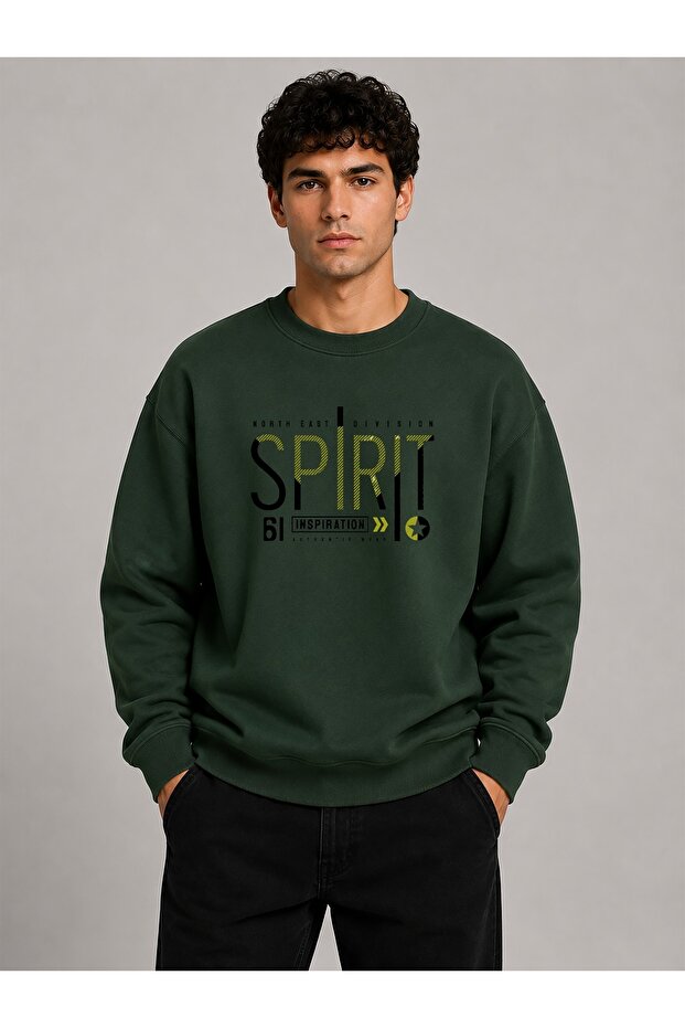 Spirit Print Detailed Crew Neck 2 Thread Sweatshirt