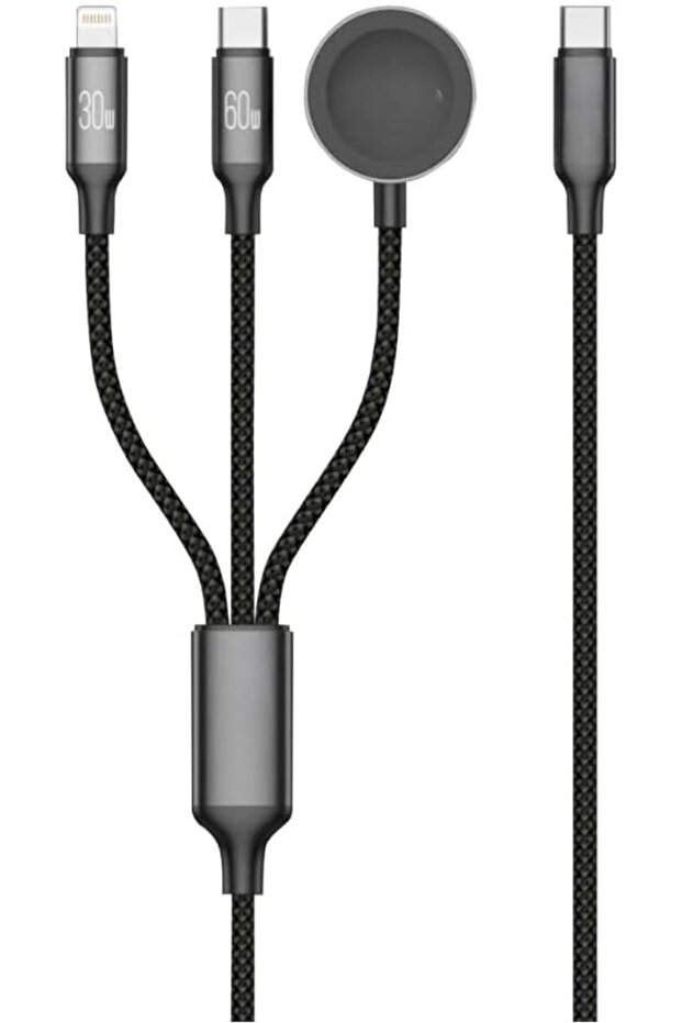 كابل شحن سريع 3 في 1 - 60 واط من USB-C إلى USB-C، 30 واط من USB-C إلى Lightning، 5 واط من USB-C إلى أبل