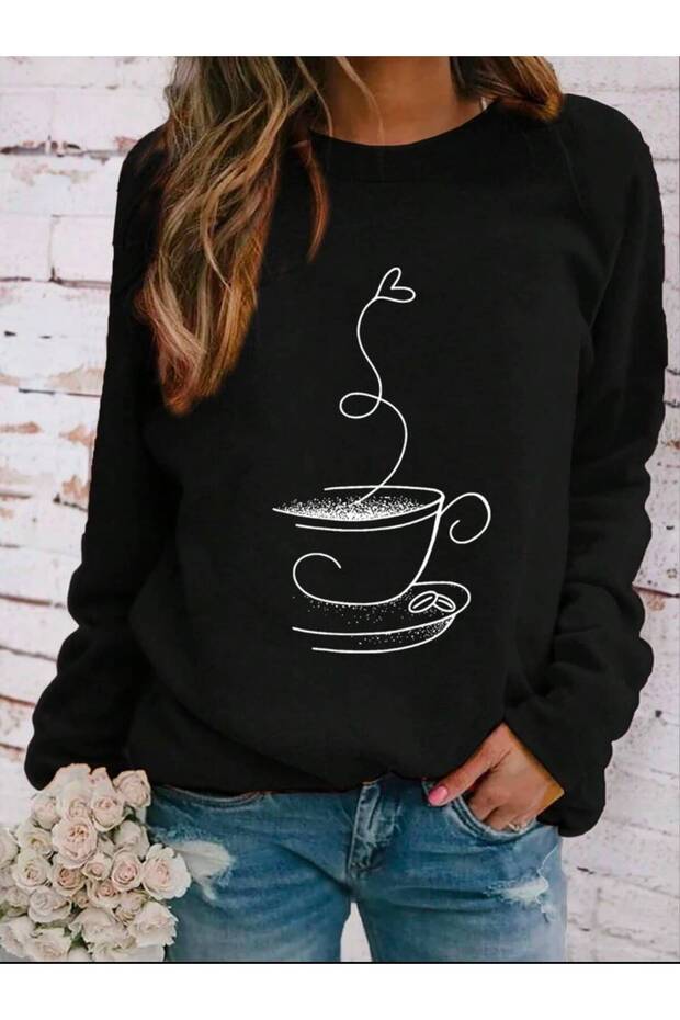 Coffee Cup Printed Black 2 Thread Raster Crew Neck Sweatshirt