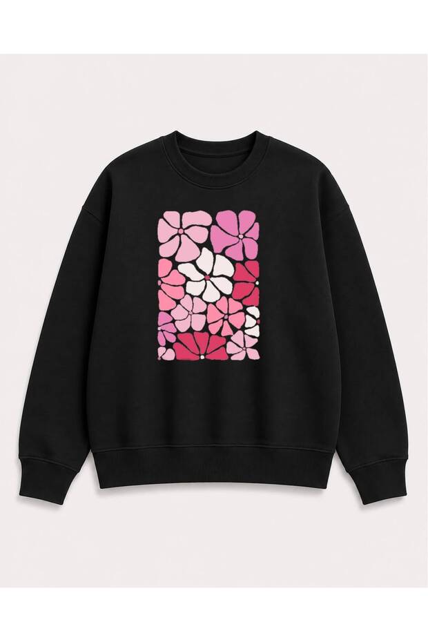 Colorful Flowers Printed 2 Thread Threaded Crew Neck Sweatshirt