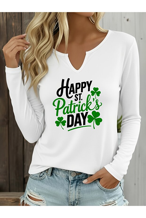 St. Patricks Printed Cotton Half V-Neck Long Sleeve Blouse