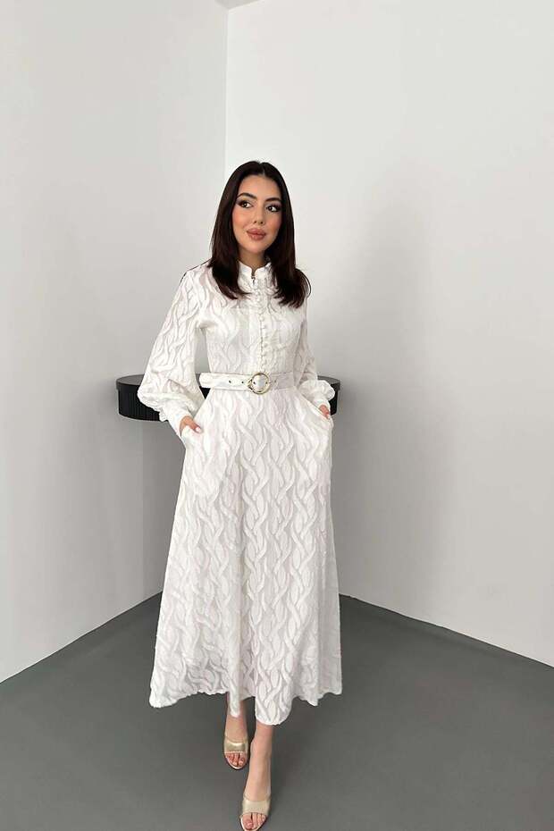 Women's Ecru Long Dress with Stand Collar, Belted, Balloon Sleeves, Textured Lining