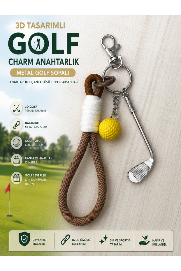 Charm Keychain with Metal Golf Club and Golf Ball