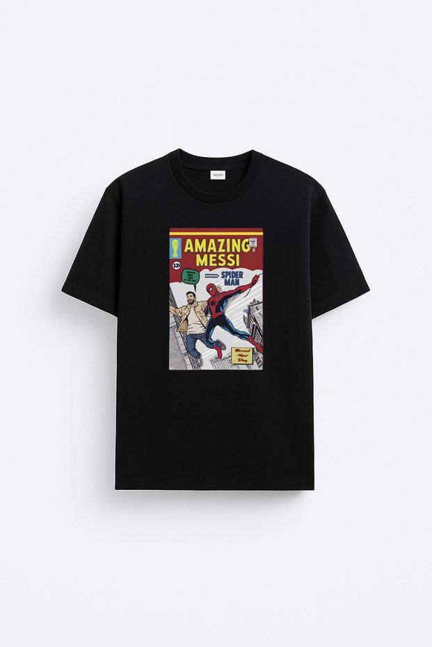 Messi Spiderman Printed Cotton Black T-Shirt T-Shirt